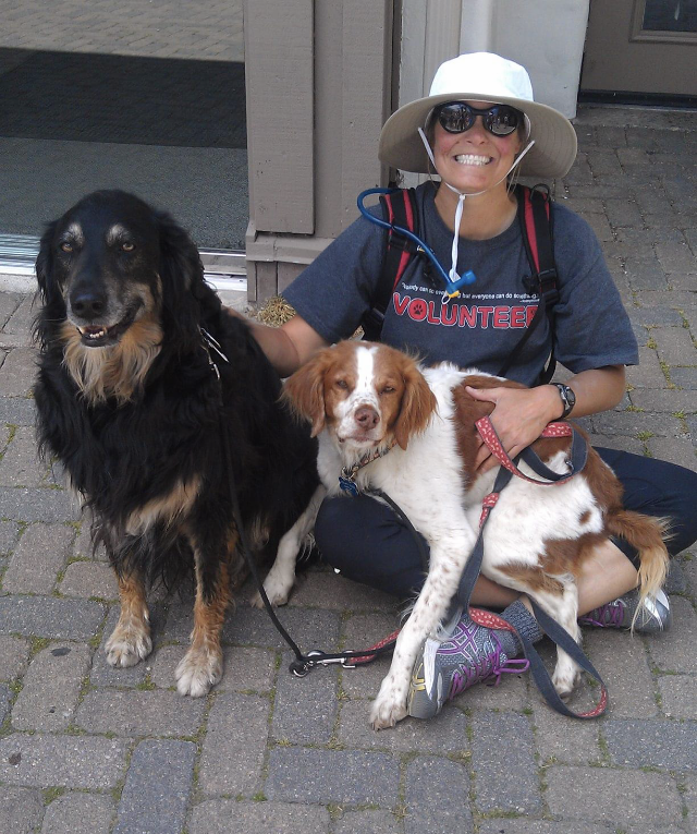 Senior “PeeWee” is still able to enjoy social hour in the park strapped to “Aunt Sheila”